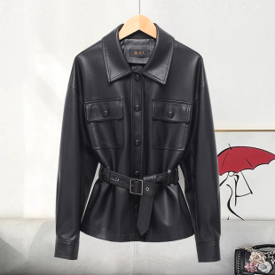 收腰系带海宁真皮皮衣女泡皮绵羊皮夹克外套 短款 宋佳同款 春秋新款