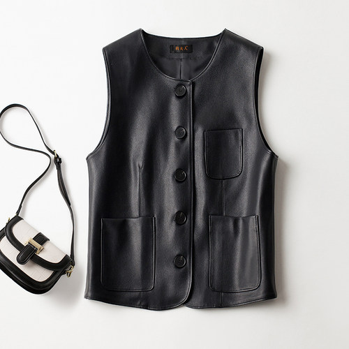 海宁真皮皮衣马甲女2025春秋时尚百搭修身短款无袖绵羊皮背心外套