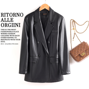 领韩版 西服绵羊皮西装 宽松显瘦外套 真皮皮衣女中长款 海宁春秋新款