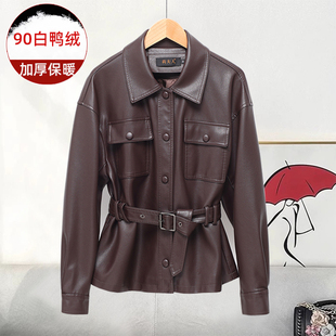 复古短款 新款 机车皮衣夹克 真皮羽绒服女收腰外套2025冬季 宋佳同款