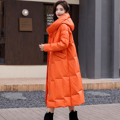 真皮羽绒服女长款加厚连帽皮外套