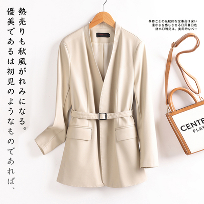 海宁真皮皮衣女绵羊皮中长款2025春秋新款系带显瘦皮大衣夹克外套