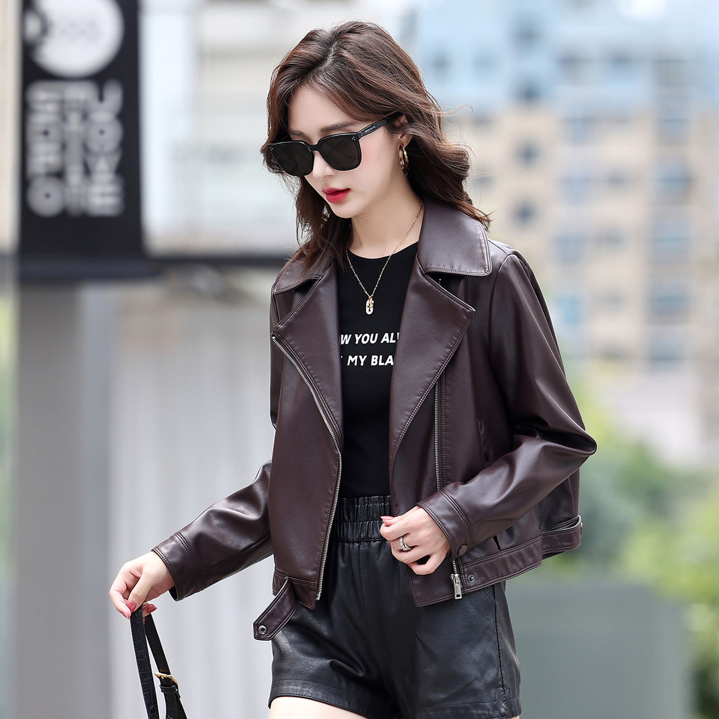 新款真皮女士短款宽松机车皮外套