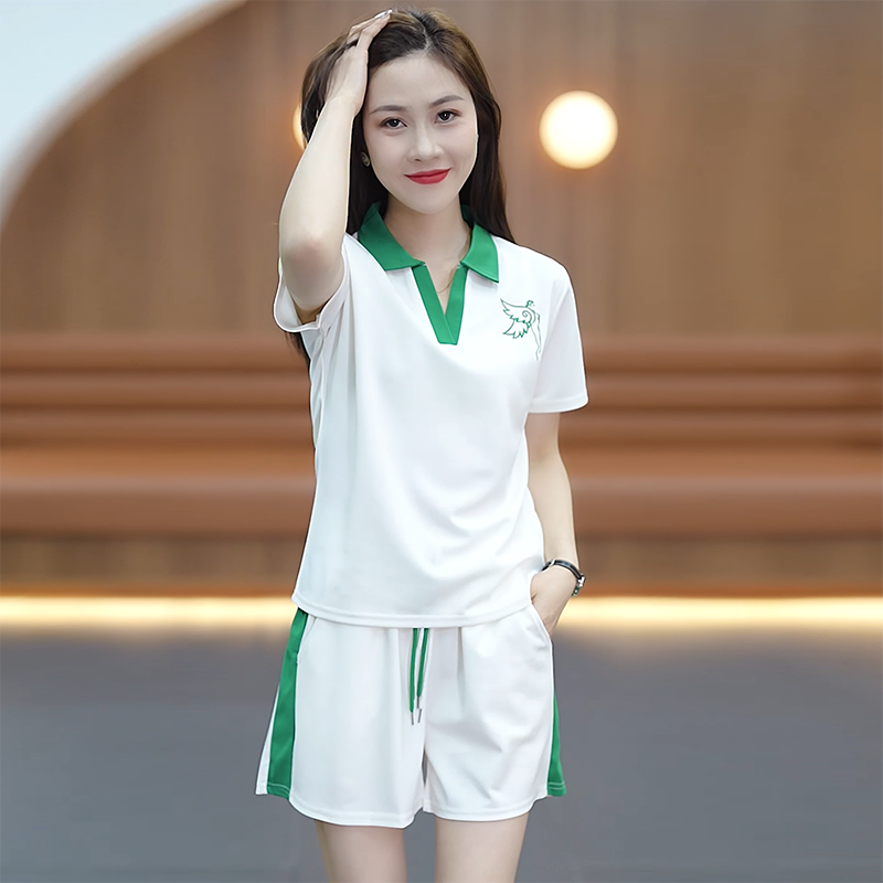 纯棉运动服休闲套装女夏季新款宽松时尚POLO领上衣短袖短裤两件套