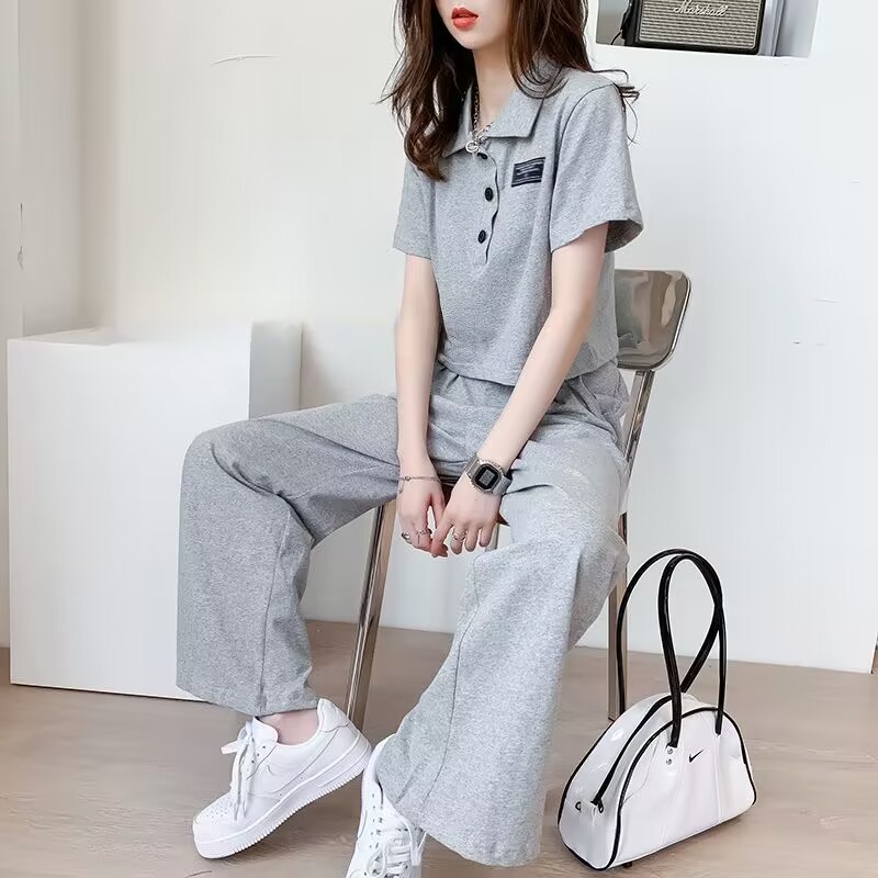 时尚休闲运动套装女夏季新款网红穿搭一整套短款上衣阔腿裤两件套