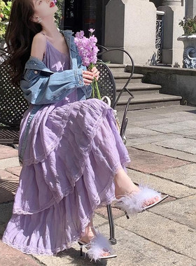 淡紫色法式吊带连衣裙女夏季新款茶歇桔梗小个子显瘦蛋糕裙长裙子