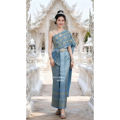 高端 女单肩斜肩露肩双层披肩包臀裙开衩裙修身 新款 泰国传统服装