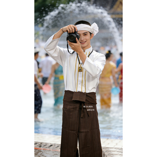 傣族传统服装新款大裆裤复古裤系带裤古老穿法泼水节男装新颖穿搭