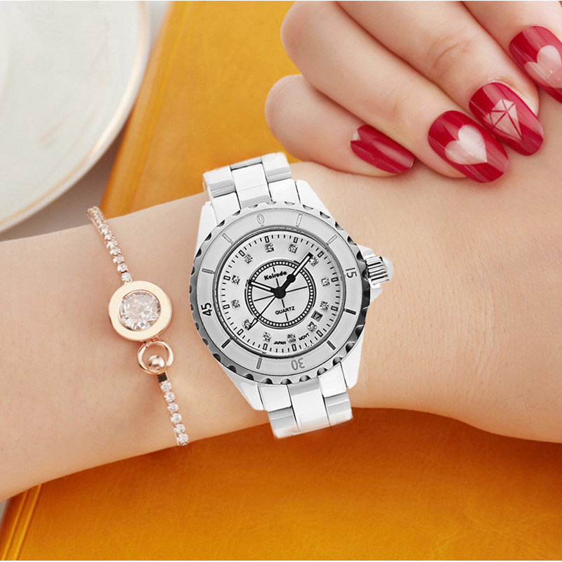 卡瑞达正品韩版陶瓷手表女大表盘黑白色防水满钻女表时装表大气