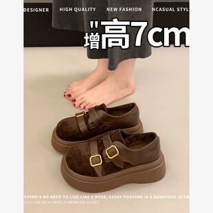 复古磨砂全包勃肯鞋女冬季新款松糕厚底保暖加绒一脚蹬乐福豆豆鞋