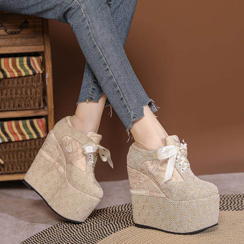 Giày cao gót nữ đế xuồng platform buộc dây, gót 15 cm — Mơ 10cm, Mơ 15cm