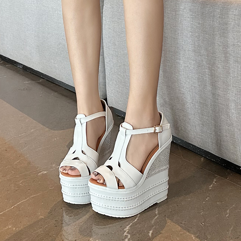 Dép sandal đế xuồng siêu cao gót nữ mũi hở phong cách dân tộc, gót 14-16 cm — Mơ 14cm, Mơ 16cm, Trắng 14cm, Trắng 16cm