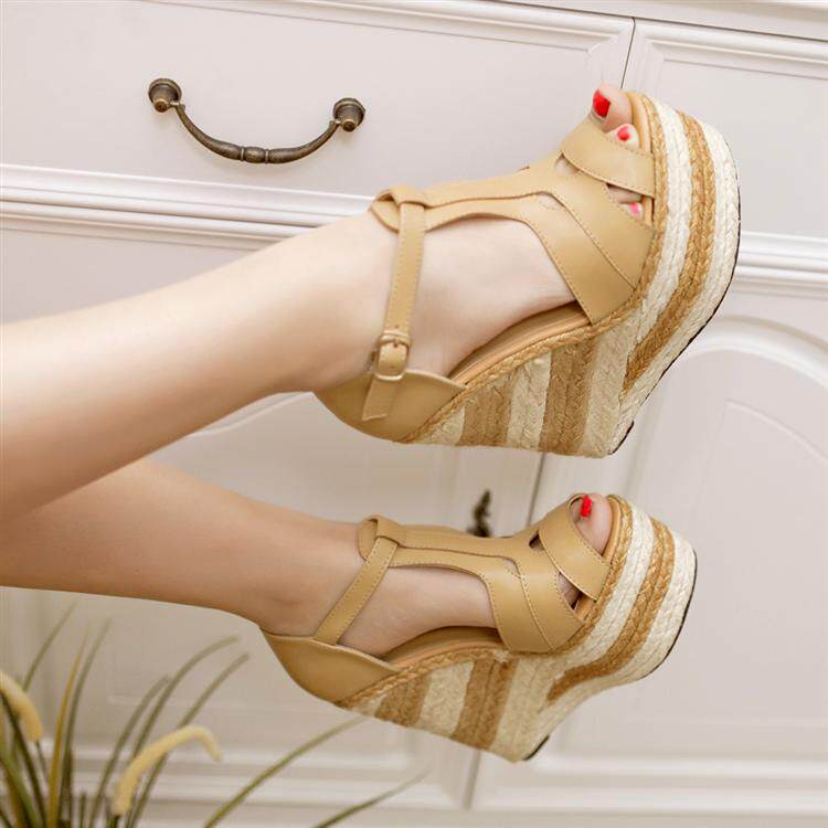 Sandal cao gót nữ phong cách dân tộc, đế espadrille dày, quai La Mã — kaki, nâu, đen