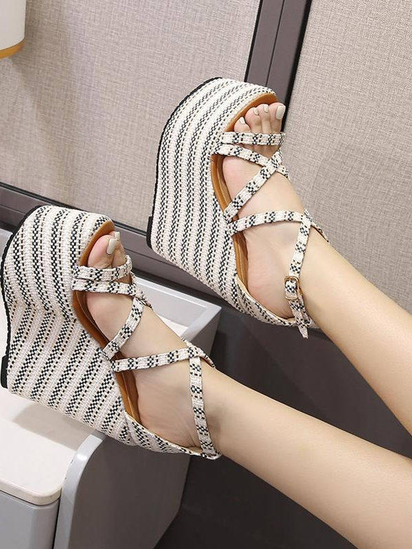 Sandal đế xuồng cao gót nữ hở mũi quai chéo, gót 10-15cm — Đen trắng 10cm, Đen trắng 15cm