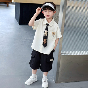 男童夏季套装2026新款韩版儿童短袖衬衫学院风宝宝短裤两件套可爱