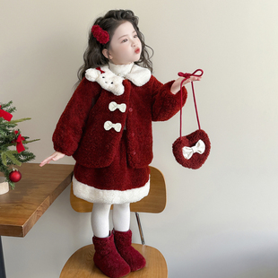 女童小香风新年套装 拜年服过年喜庆红色宝宝裙子 加厚秋冬儿童冬季