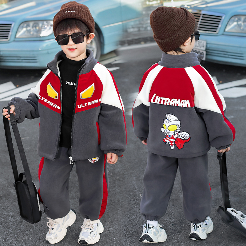 奥特曼衣服男童套装秋冬2025新款洋气酷帅男宝加绒加厚痞帅两件套