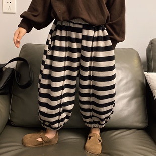 韩国童装2024秋冬款儿童加绒加厚条纹卫裤日韩男女童奥利绒休闲裤