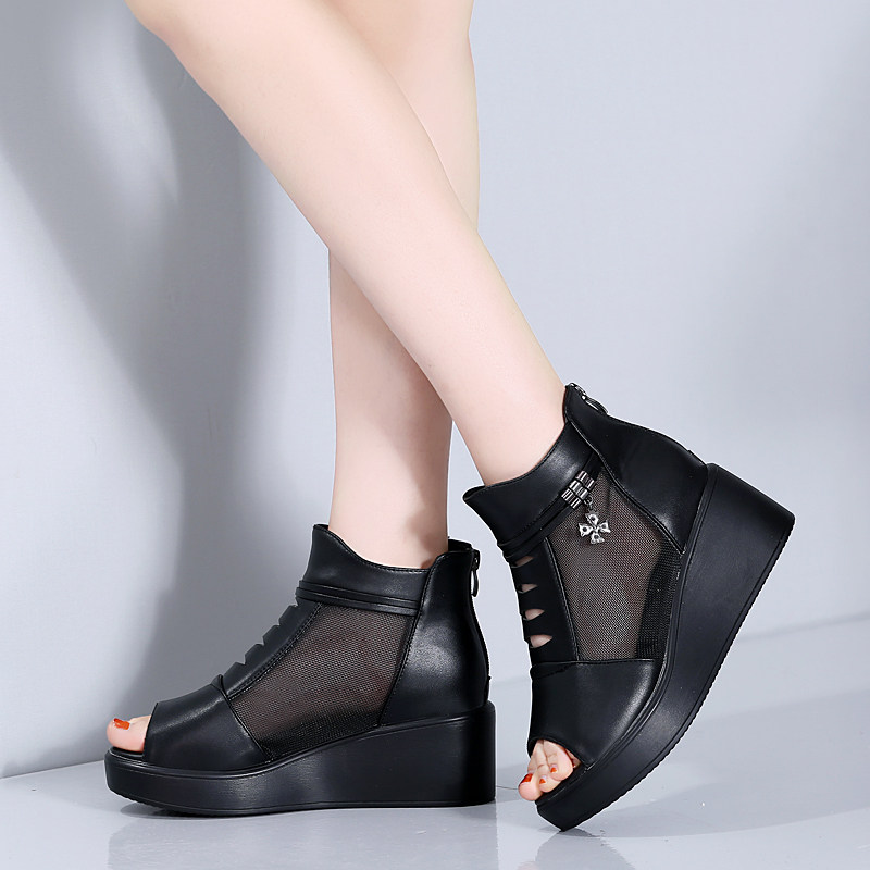 春夏季厚底凉鞋女真皮坡跟网纱鞋透气鱼嘴鞋女镂空网靴中跟罗马鞋,女鞋,罗马凉鞋,淘宝优惠券,粉丝福利购,淘宝优惠卷