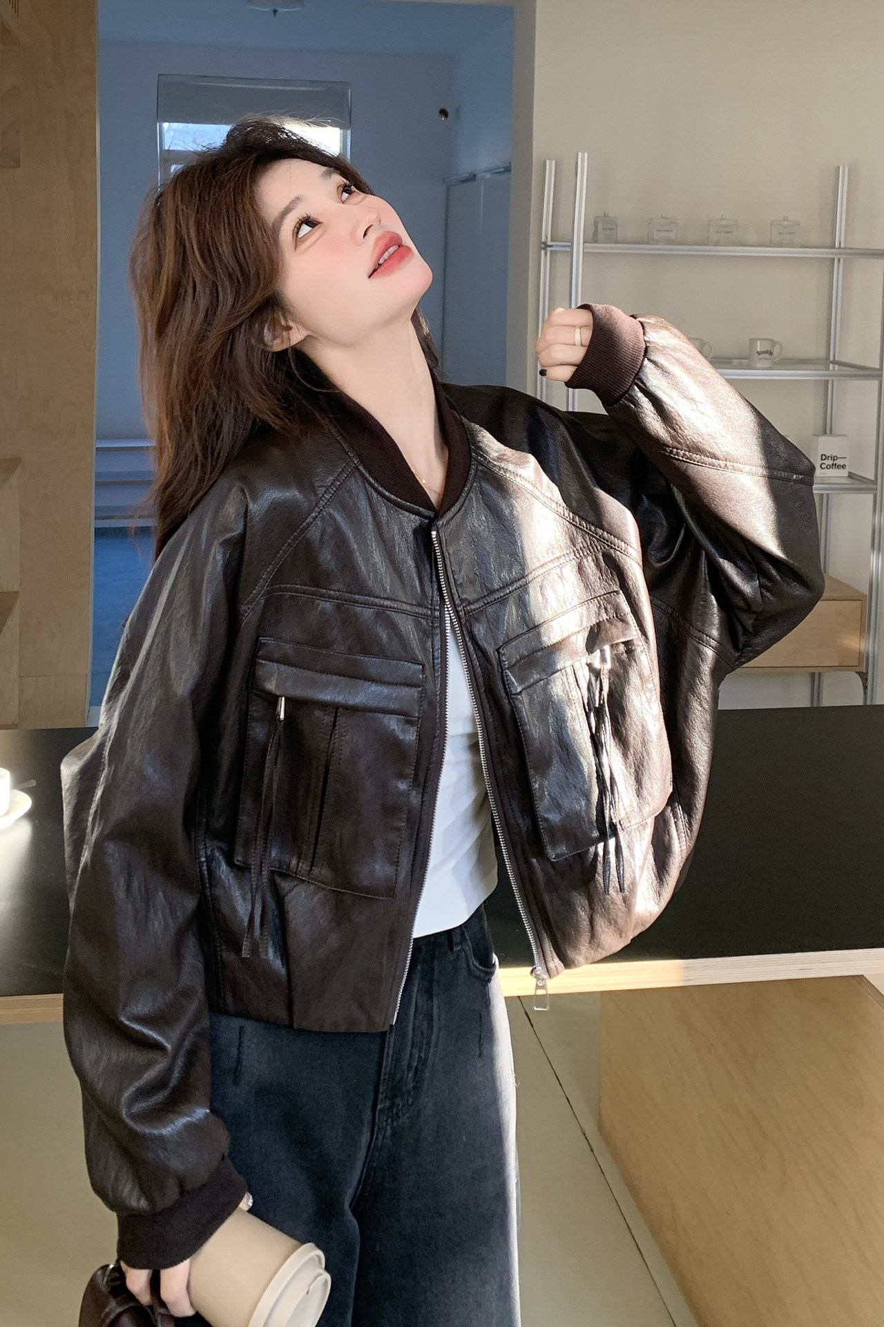 新款现货皮衣外套女立领机车服酷飒显瘦小个子夹克F621P155K248,女装皮衣,2C082