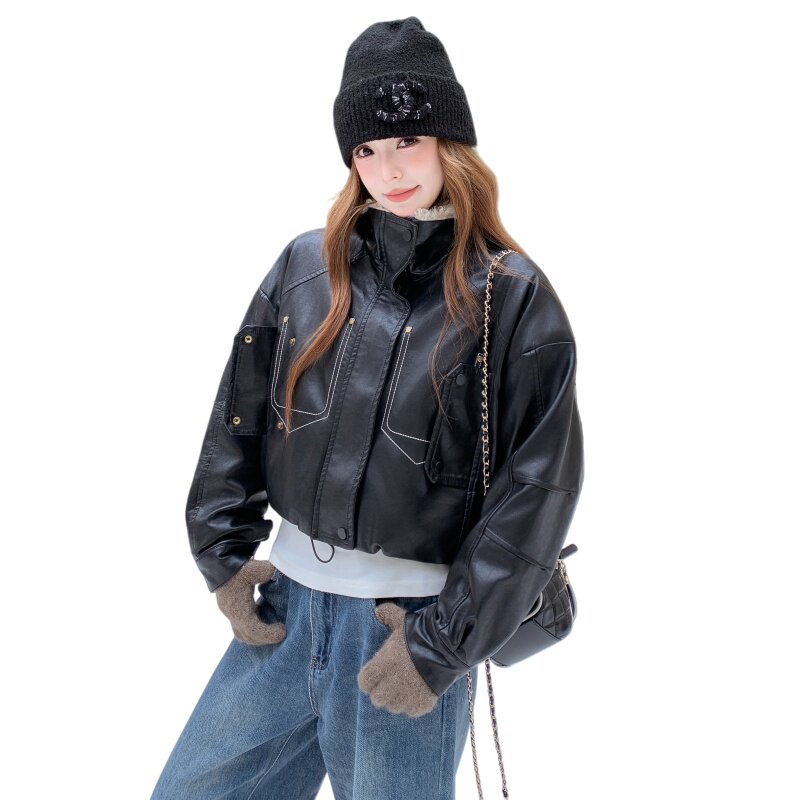 pu皮衣女冬25新款高级感小个子加绒加厚短款派克棉服F44P175K268,女装皮衣,2C082