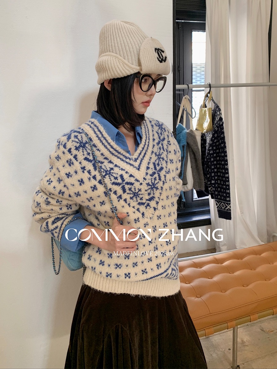 费尔岛学院风羊毛提花针织衫女秋冬V领休闲毛衣上衣