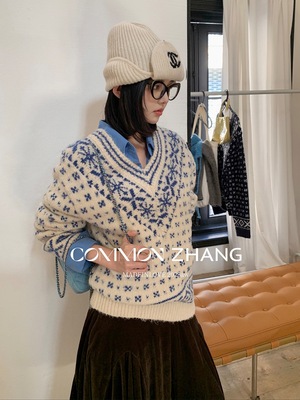 费尔岛学院风羊毛提花针织衫女秋冬V领休闲毛衣上衣