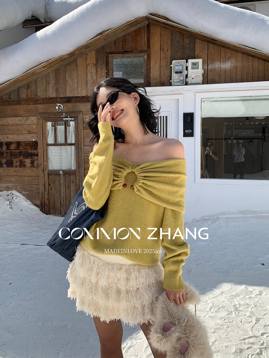 绵羊毛针织衫女性感一字肩两穿短款毛衣气质简约慵懒