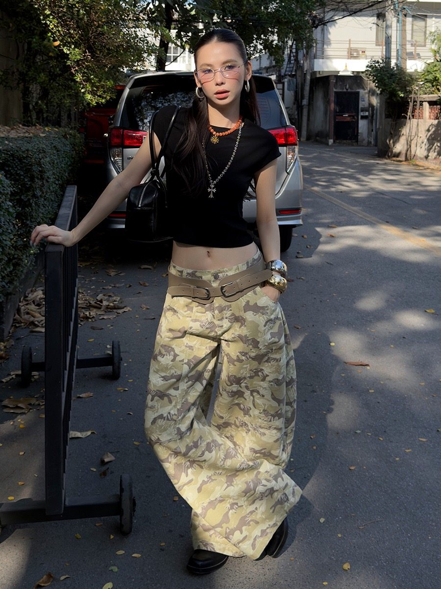 美式复古迷彩工装裤女夏季新款高腰显瘦宽松直筒阔腿拖地长裤子,女装/女士精品,时尚套装,淘宝优惠券,粉丝福利购,淘宝优惠卷