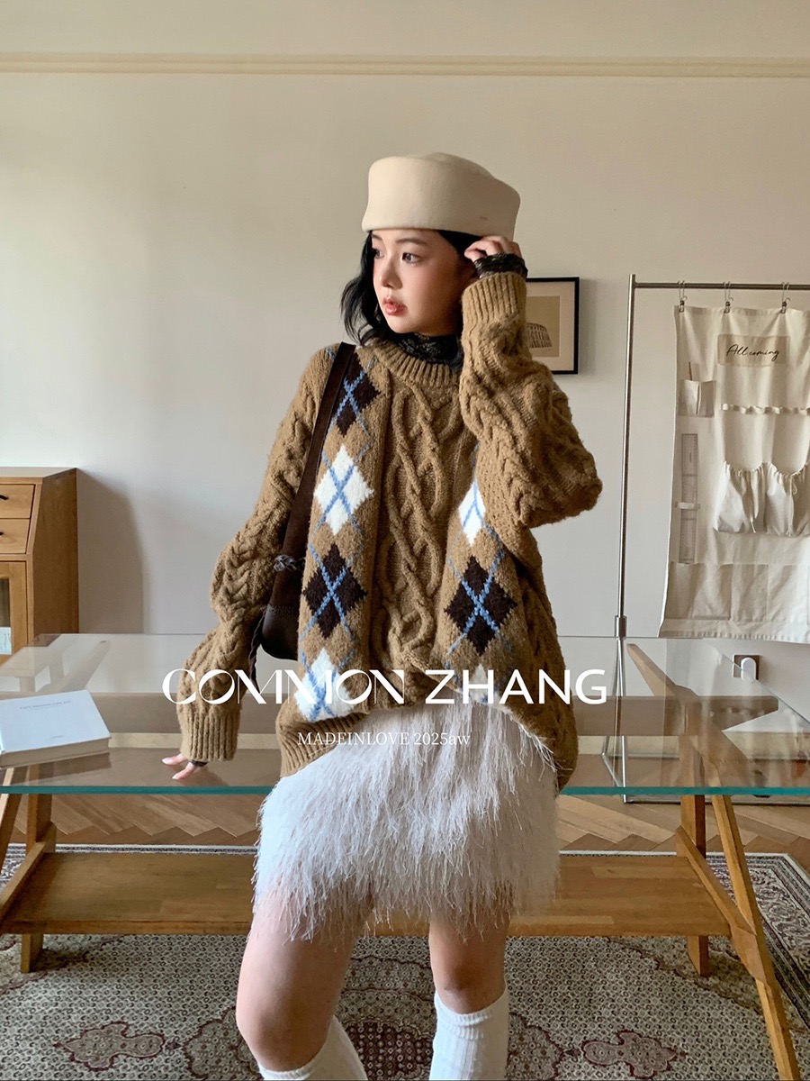 秋冬新款复古菱格纹针织开衫女宽松慵懒风毛衣外套