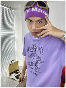 趣味卡通抽象线条画涂鸦兔子印花短袖 纯棉百搭宽松BF风 T恤男女款