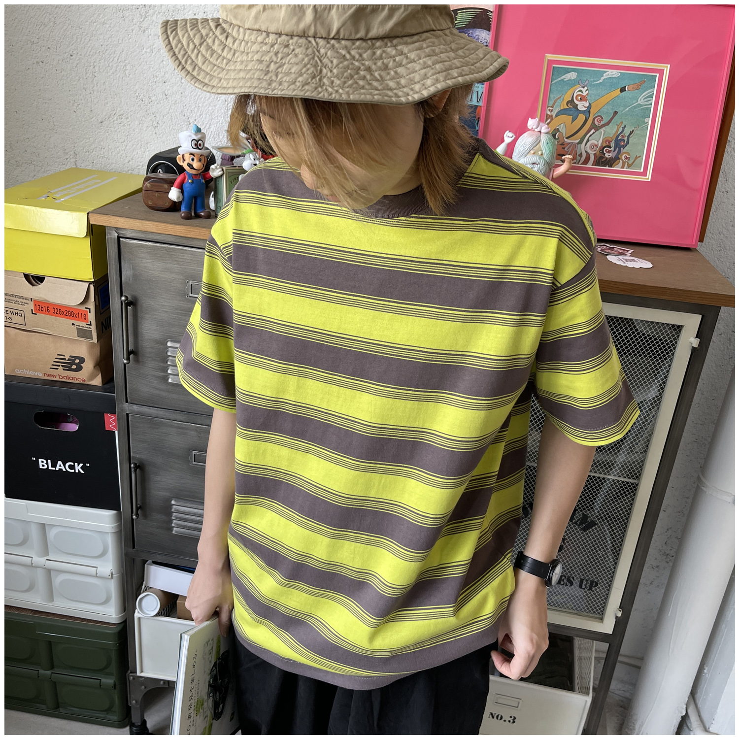 日系休闲条纹口袋短袖T恤男女情侣款纯棉海魂衫宽松简约半袖潮TEE