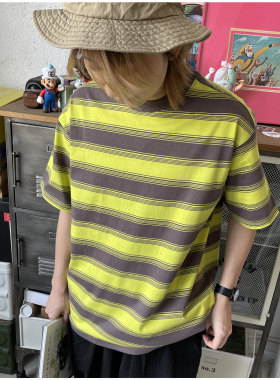 短袖T恤日系条纹男女款口袋半袖