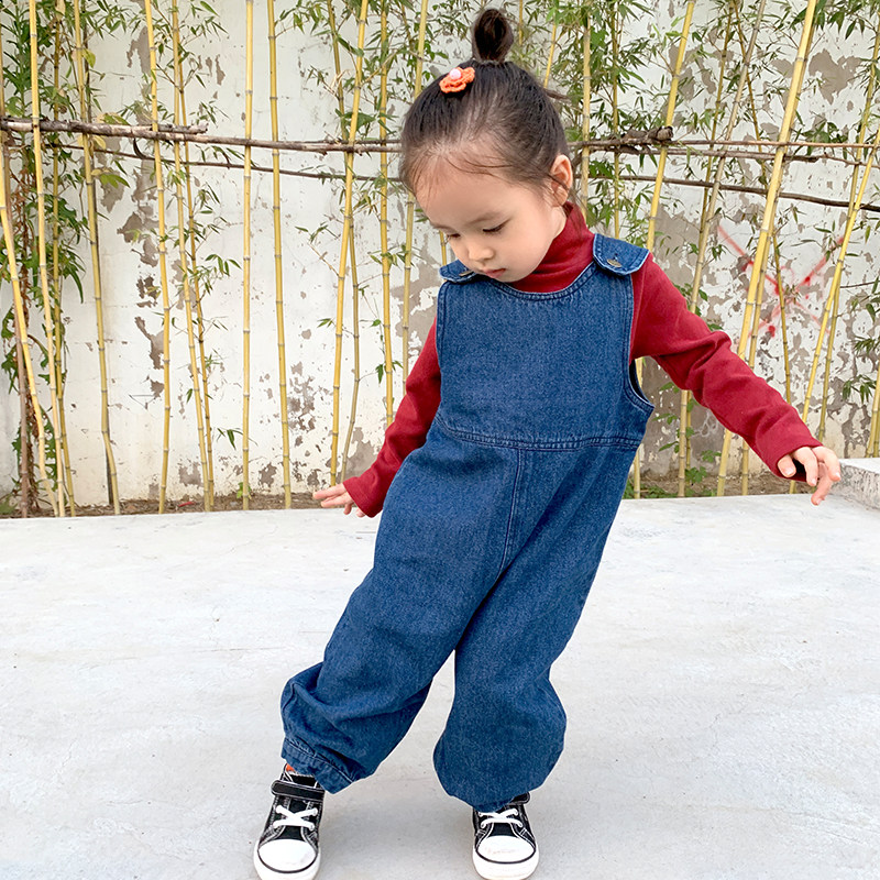 复古不掉肩韩版宽松牛仔背带裤
