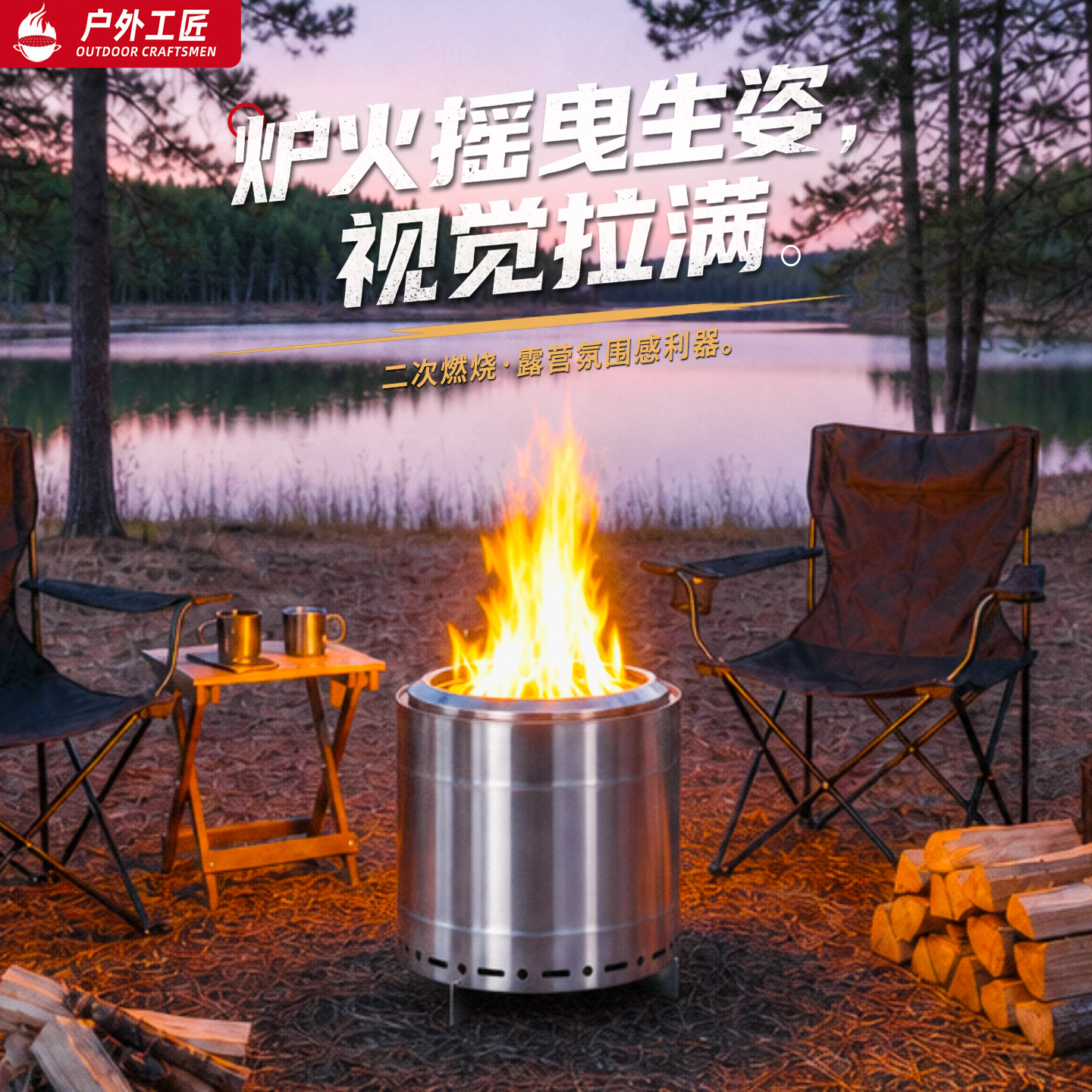 户外工匠露营火炉家用庭院少烟不锈钢柴火炉野营便携取暖炉汽化炉