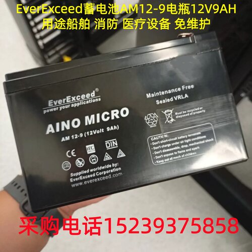 EverExceed蓄电池AM12-9电瓶12V9AH用途船舶 消防 医疗设备免维护