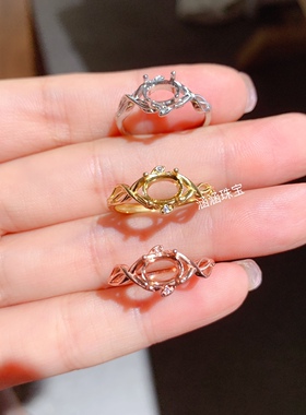 s925银戒指空托电镀黄金色 椭圆形5*7mm可镶欧泊 碧玺 简约大气 w