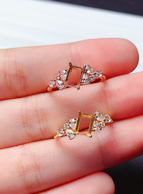 s925银戒指空托长方形4*6mm简约大气百搭代镶透辉石 祖母绿  x