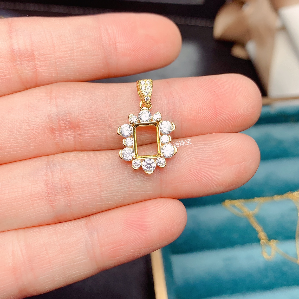 s925银饰品吊坠空托大锆石长方形5*7 6*8mm代镶托帕石 坦桑 时尚m