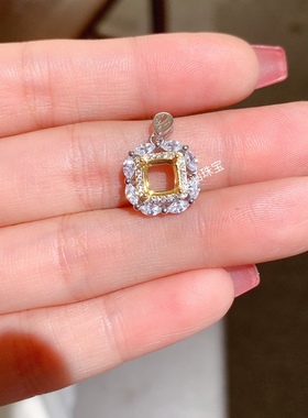 s925纯银吊坠空托 方形6*6mm代镶糖塔 碧玺 欧泊 双色豪华款 x