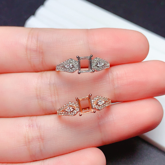 精美s925银戒指空托长方形4*5mm代镶宝石 玉石 水晶  x