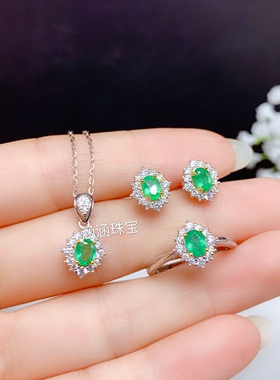 吊坠耳钉椭圆形祖母绿玉石银戒指