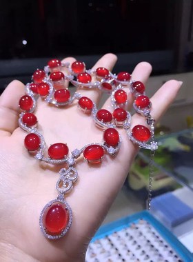 925纯银代镶红刚玉椭圆项链