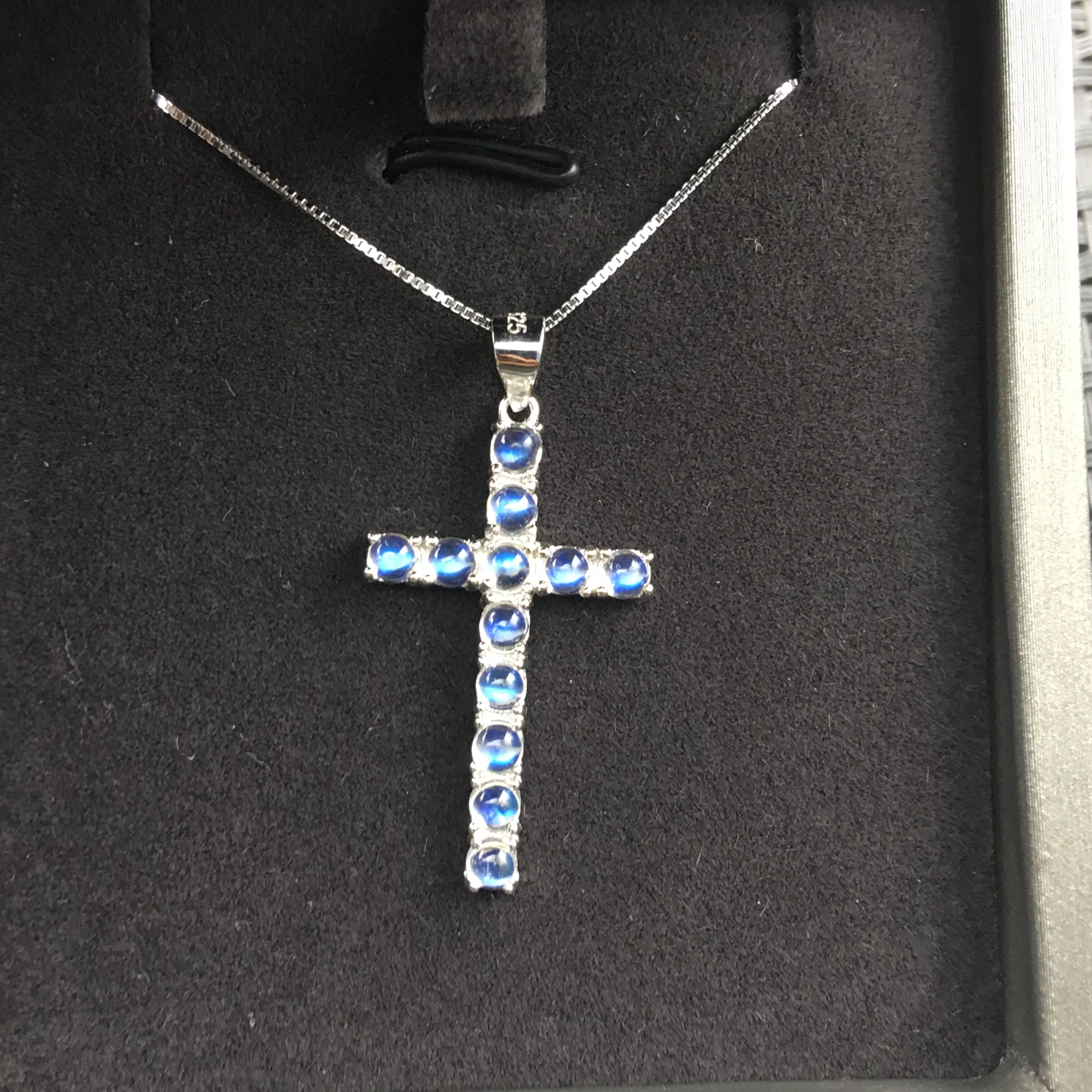 天然月光石吊坠女s925纯银蓝光斯里兰卡玻璃体十字架吊坠日韩礼物