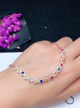 925纯银手链空托小花圆形碧玺