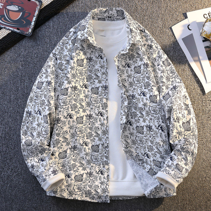 2026春装新款轻奢花衬衫纯棉印花长袖衬衫男百搭翻领潮流外套衬衣