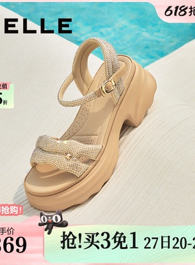 百丽厚底增高一字带凉鞋夏新款妈妈女法式休闲凉鞋D7Z2DBL5