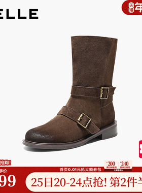 百丽复古反绒面中筒靴显瘦时装靴女鞋美拉德粗跟西部靴3QF65DG5
