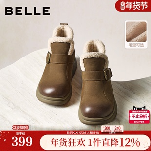 百丽加绒保暖棉鞋休闲靴子女冬款真皮厚底切尔西短靴E5D1DDD5