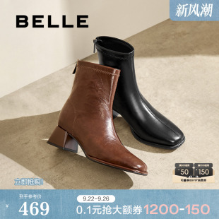 百丽女靴子弹力靴新款 靴通勤显瘦瘦靴短靴B2348DZ4预 粗高跟时装